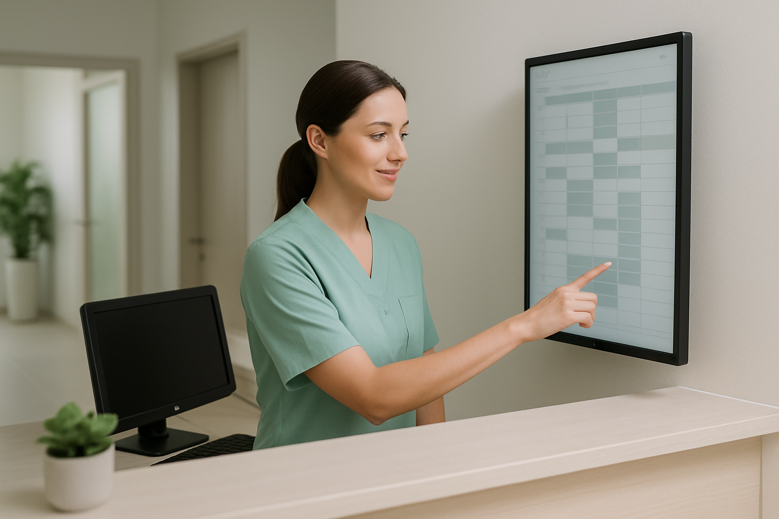Recepcionista de clínica médica organizando agenda digital em tela de computador com ambiente moderno