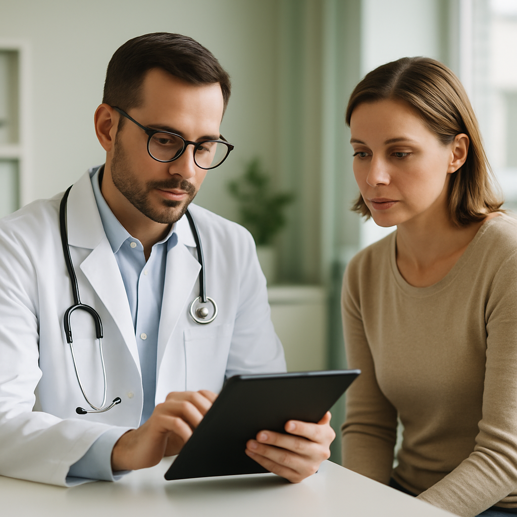 Médico usando tablet para registrar prontuário eletrônico durante consulta em consultório iluminado