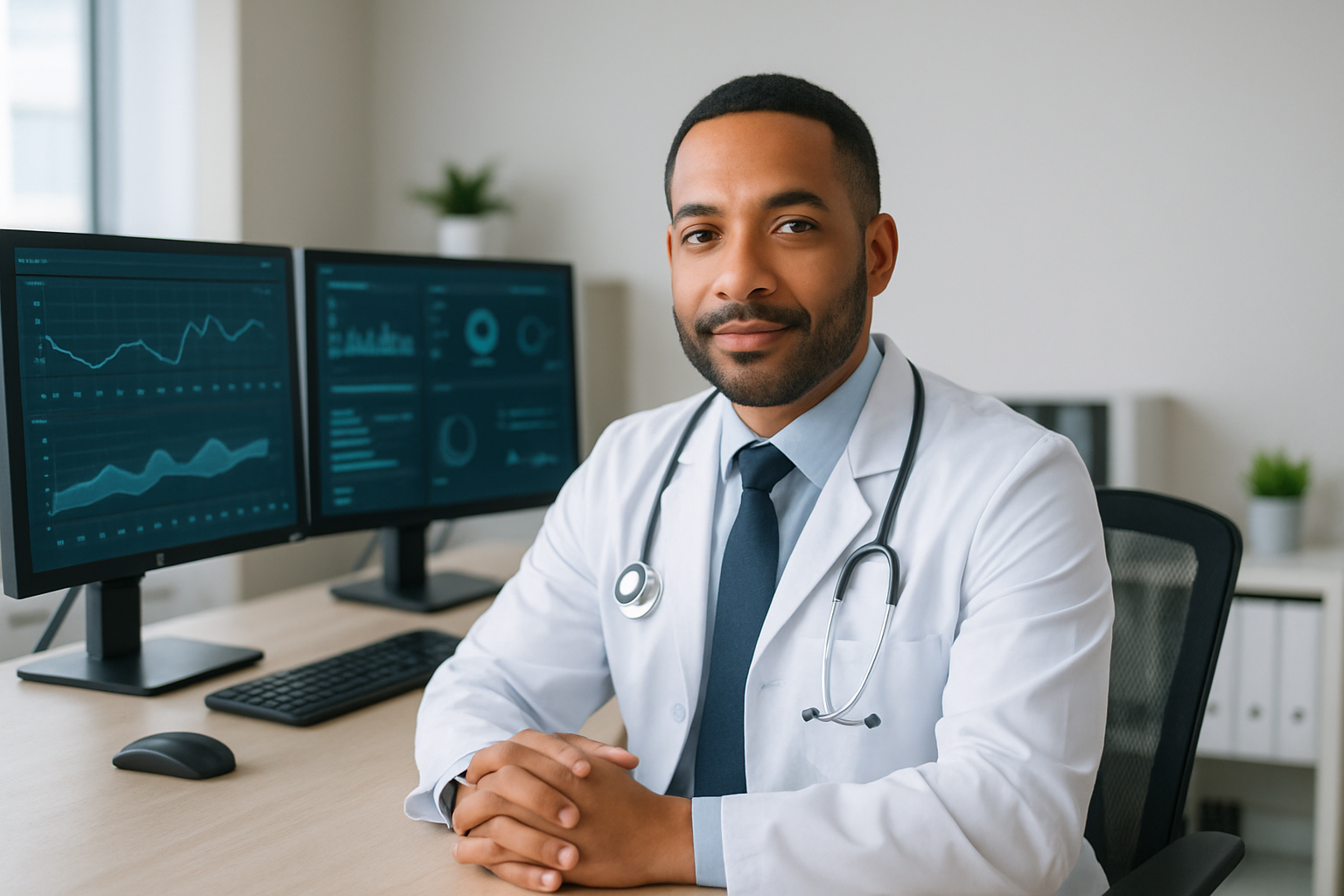 Médico revisando dados de migração em tela de sistema para consultório médico