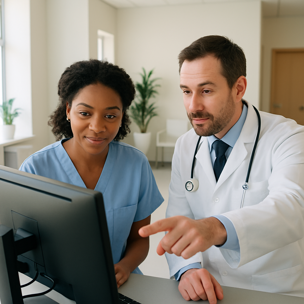 Equipe de consultório médico aprendendo novo sistema de gestão durante treinamento presencial
