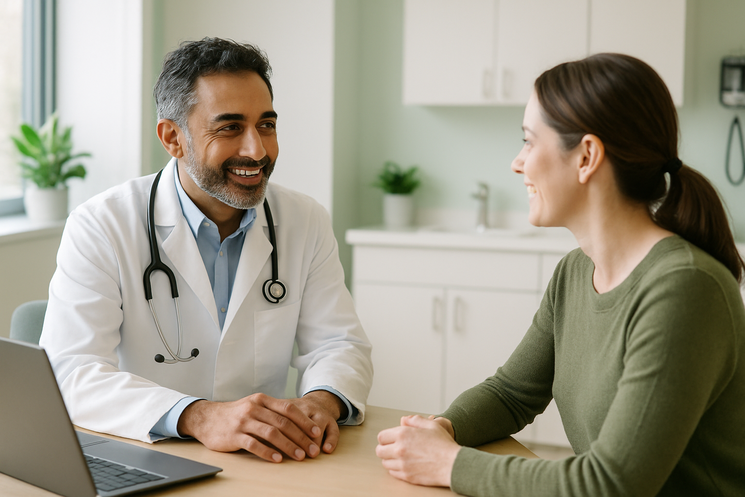 Médica em consultório conversando com paciente enquanto a consulta é registrada automaticamente
