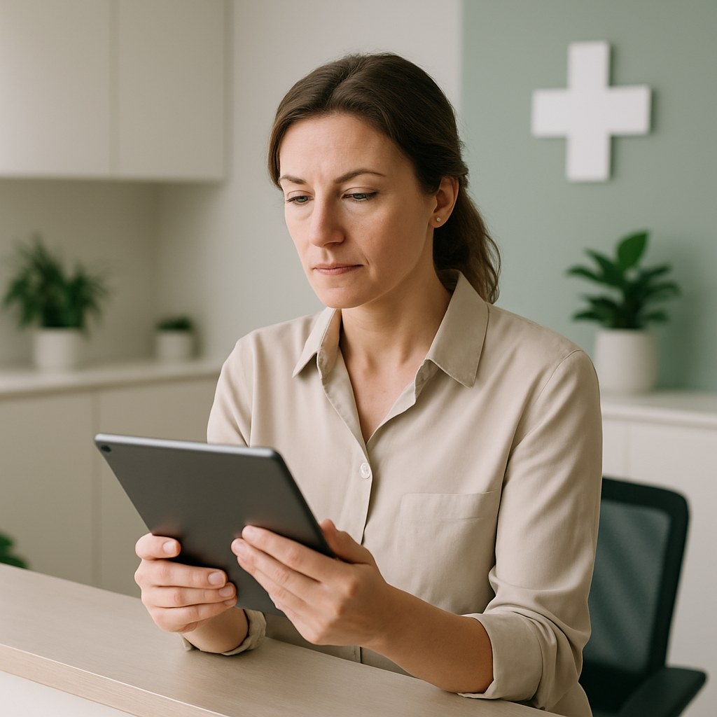 Profissional de saúde comparando planos e custos de software em um tablet na clínica