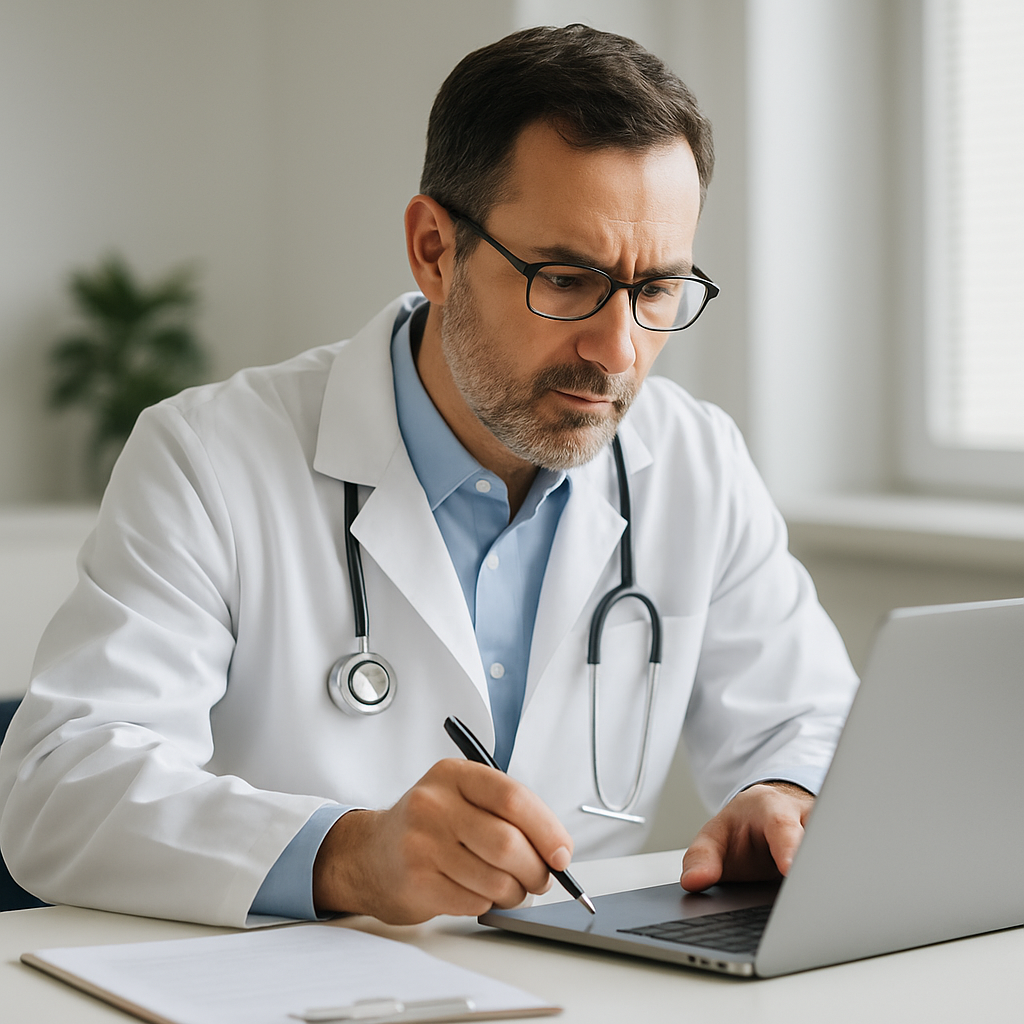 Médico revisando no computador um rascunho de prontuário gerado por inteligência artificial