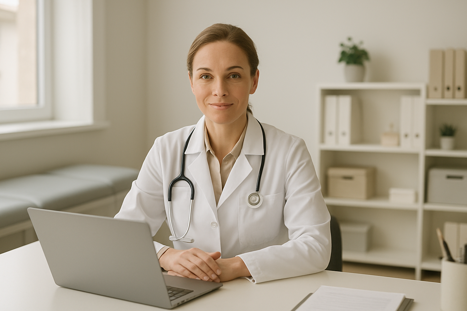 Médico solo trabalhando no laptop em consultório organizado com luz natural
