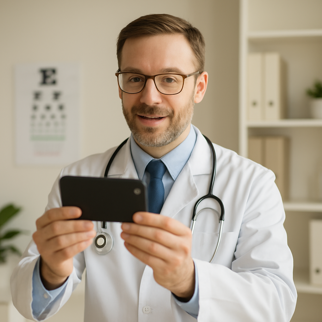 Médico gravando vídeo educativo no smartphone para redes sociais do consultório