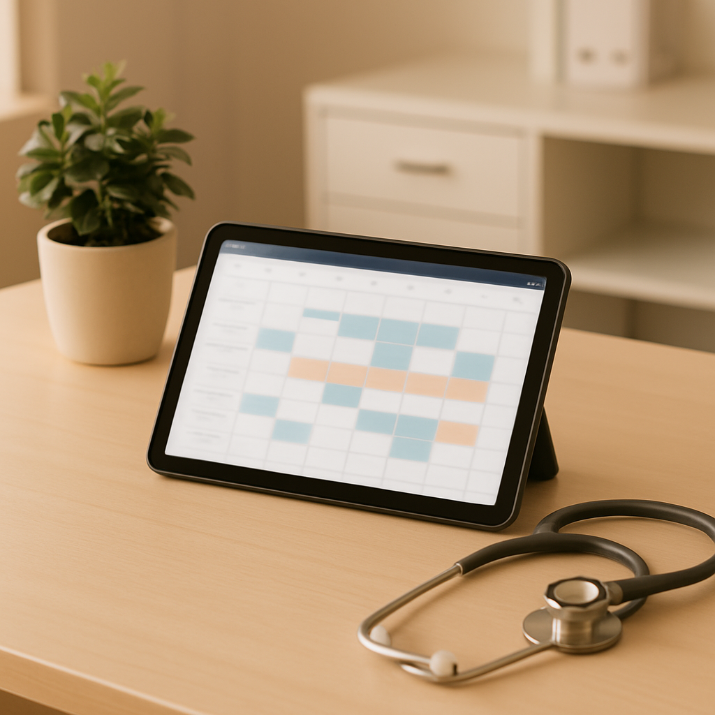 Tablet com agenda de agendamento online em mesa de consultório médico organizado