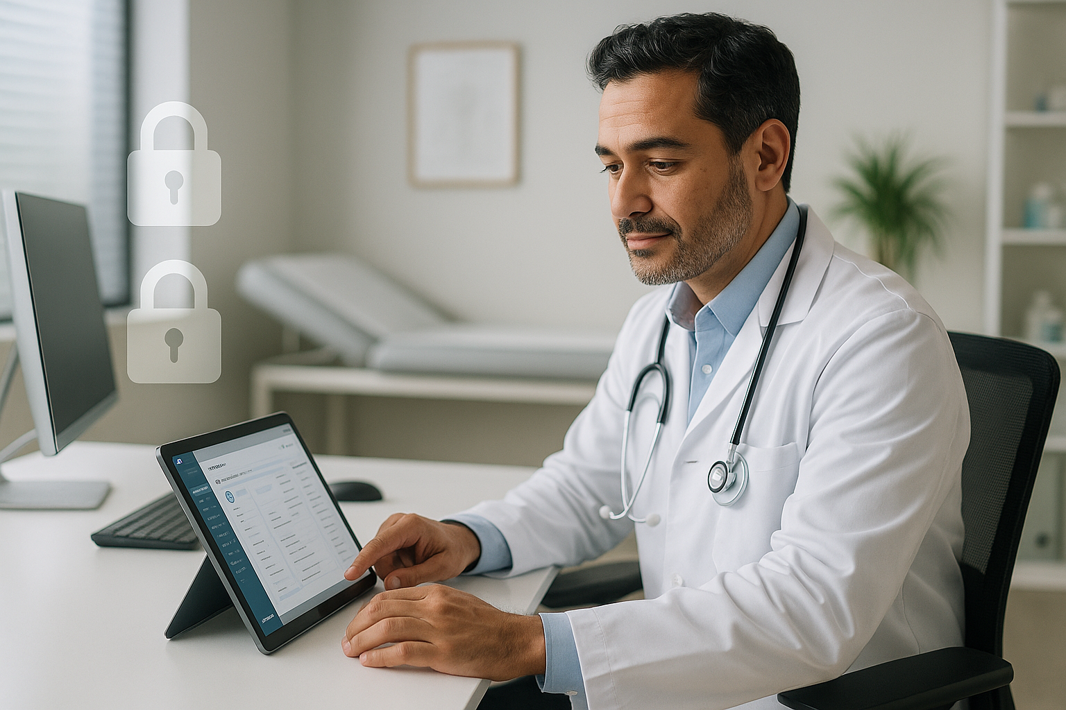 Médico autônomo usando sistema digital de prontuário em consultório moderno