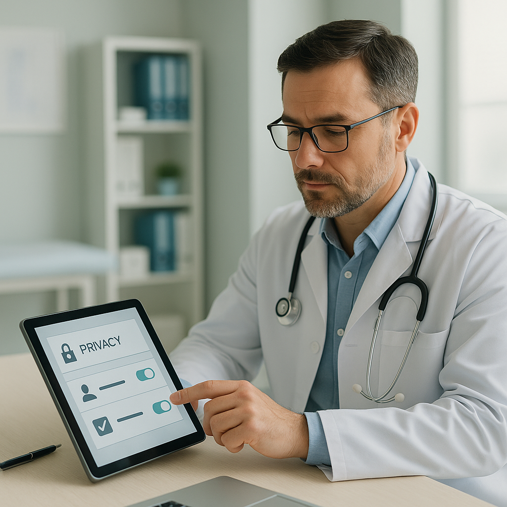 Tela de sistema médico exibindo configurações de privacidade e consentimento do paciente