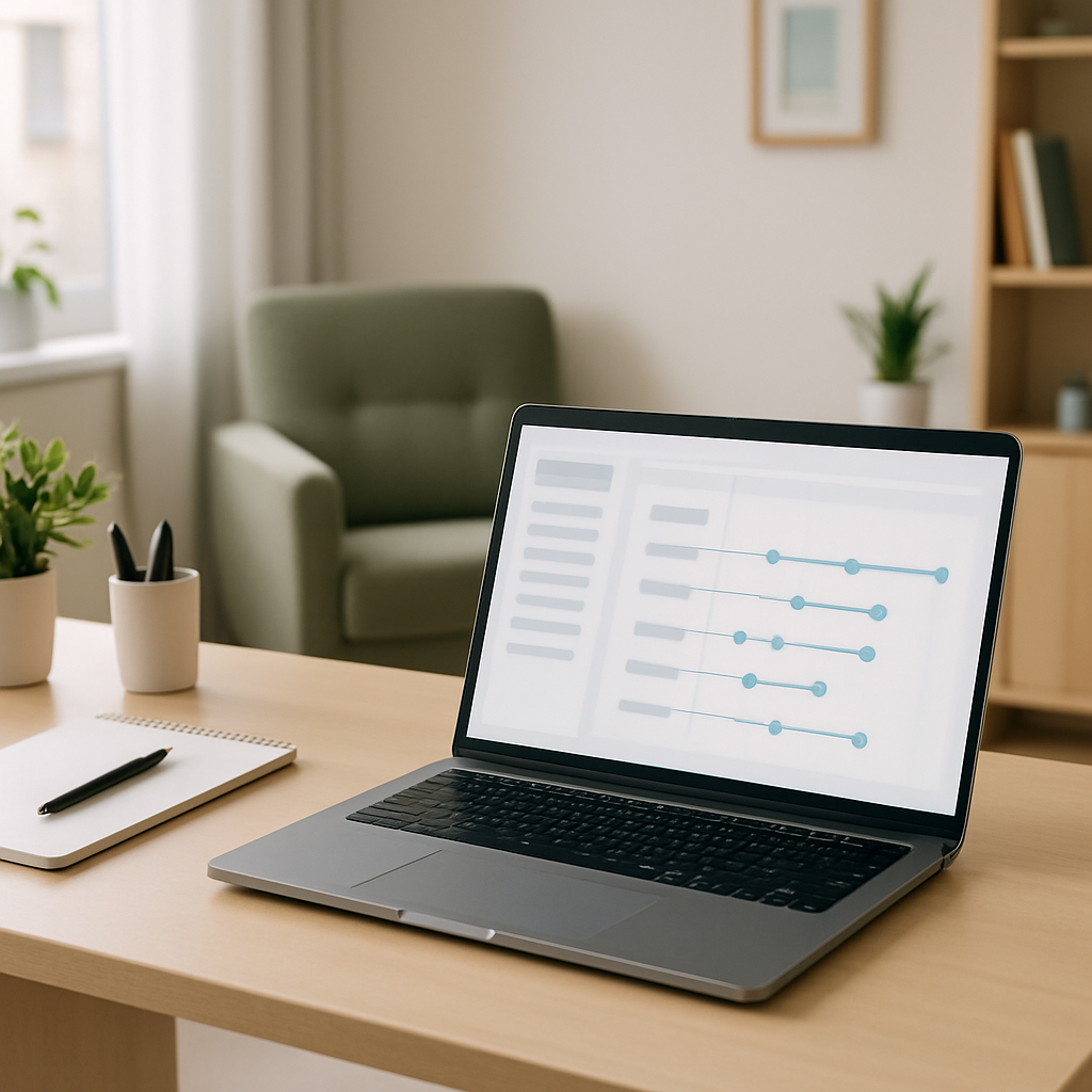 Tela de prontuário psicológico digital com linha do tempo de sessões em laptop