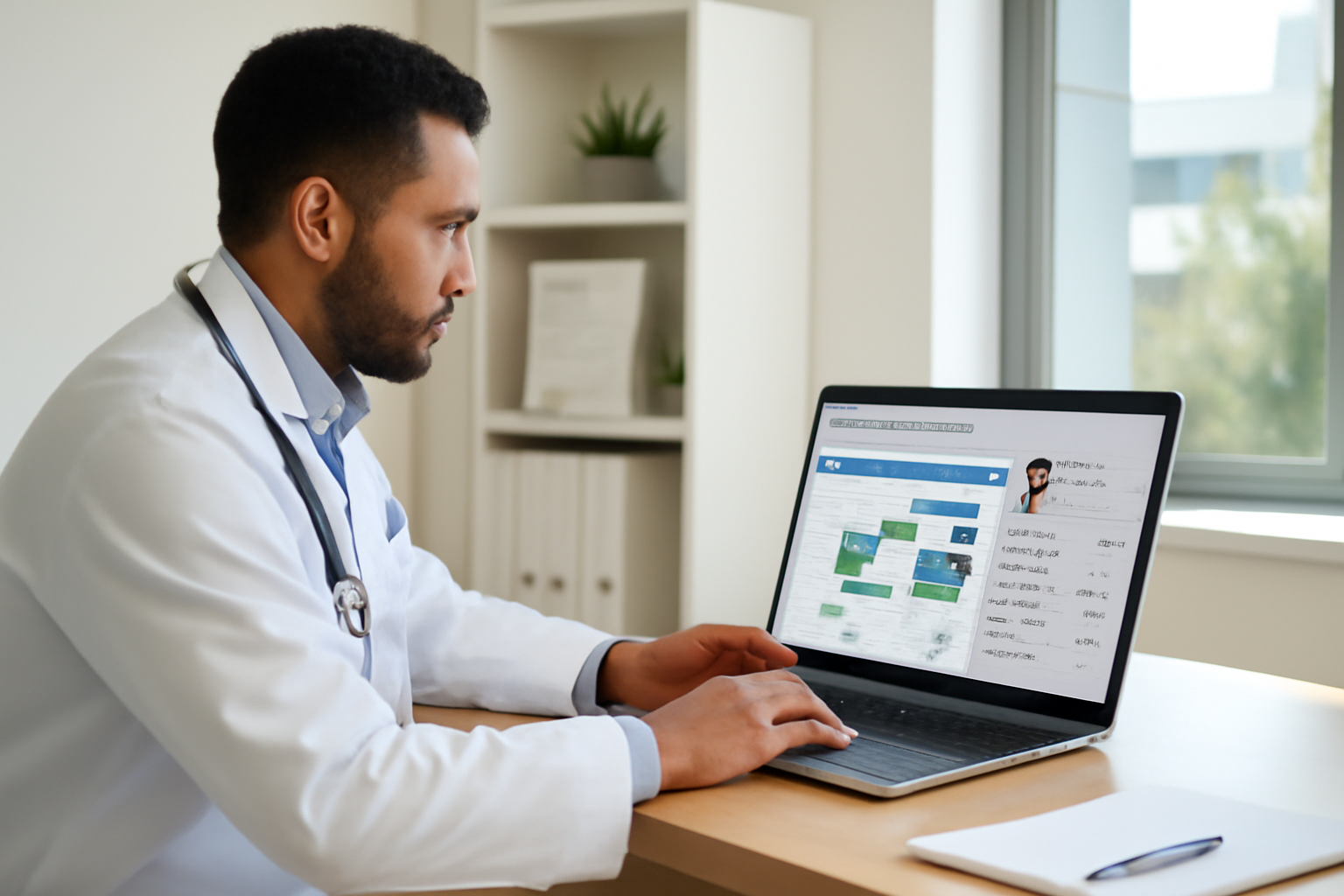 Médico avaliando sistemas de software para clínica em notebook em consultório