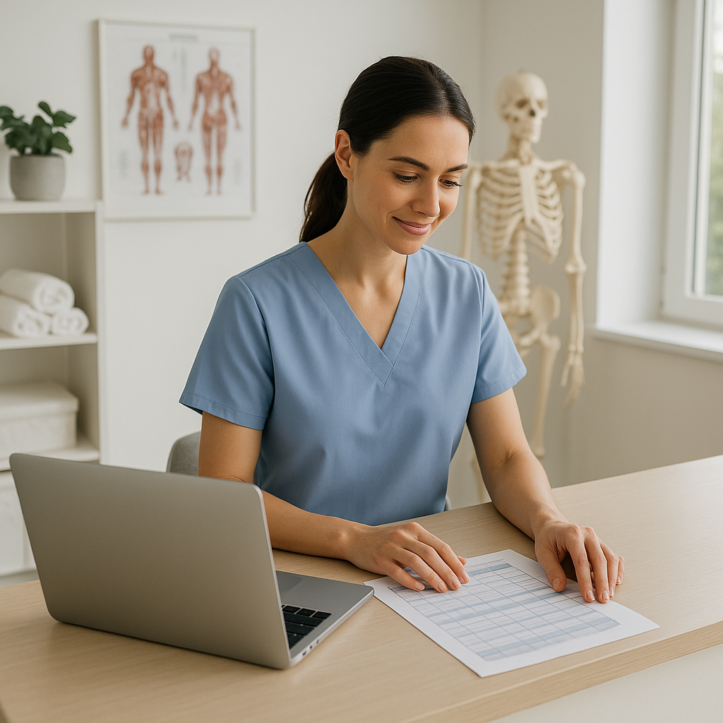 Equipe de clínica de fisioterapia organizando agenda de sessões no computador