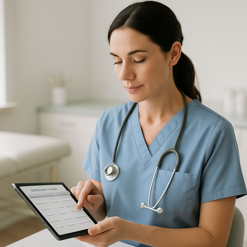 Profissional de saúde revisando agenda organizada de retornos em tablet na clínica