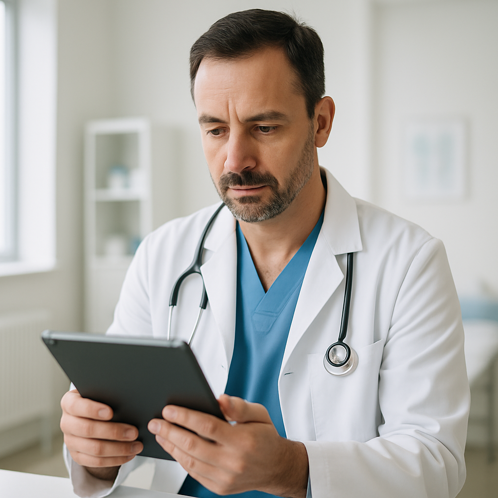 Profissional de saúde revisando histórico do paciente em tablet com campos clínicos organizados