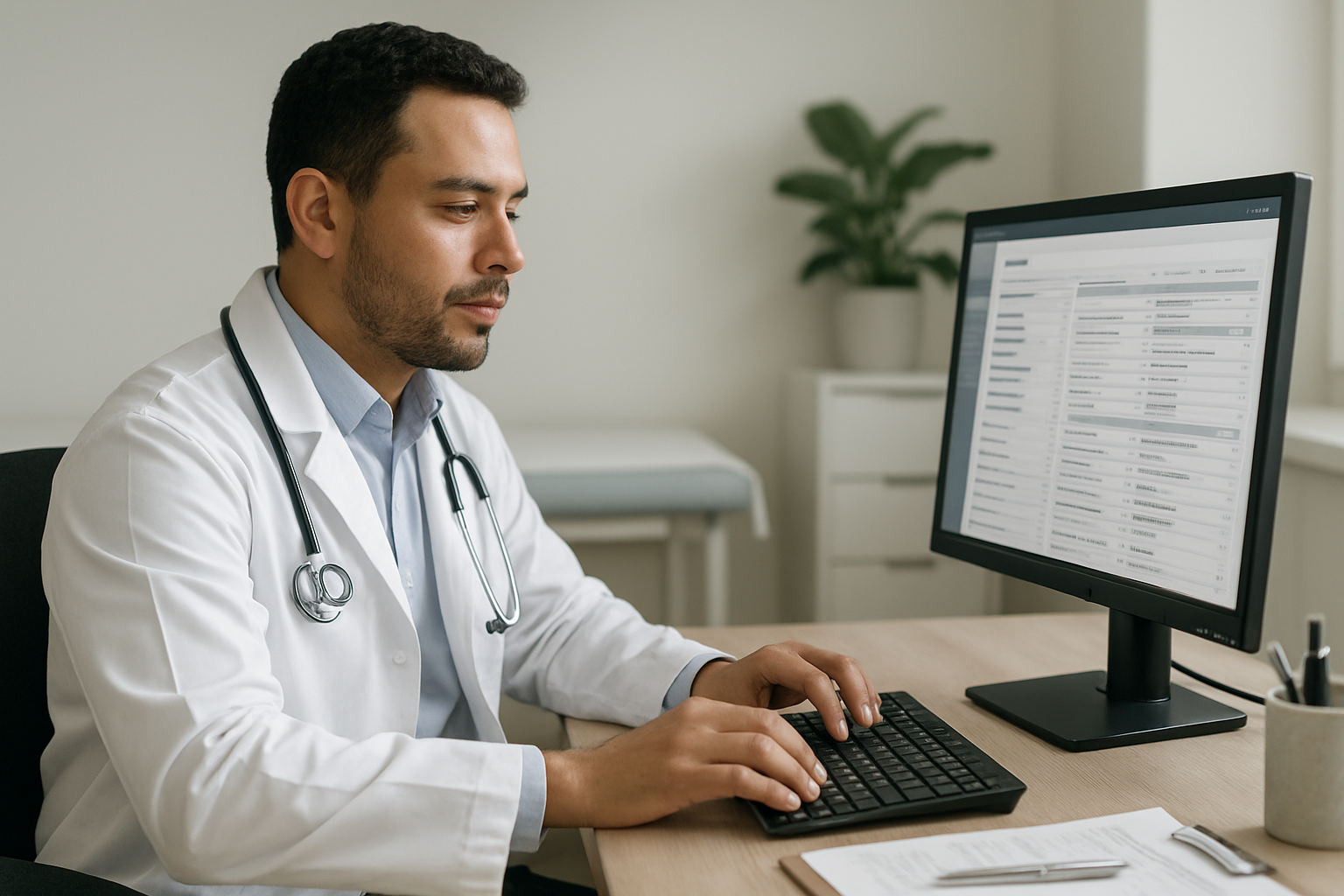 Médica preenchendo modelo de prontuário eletrônico estruturado no computador de um consultório organizado