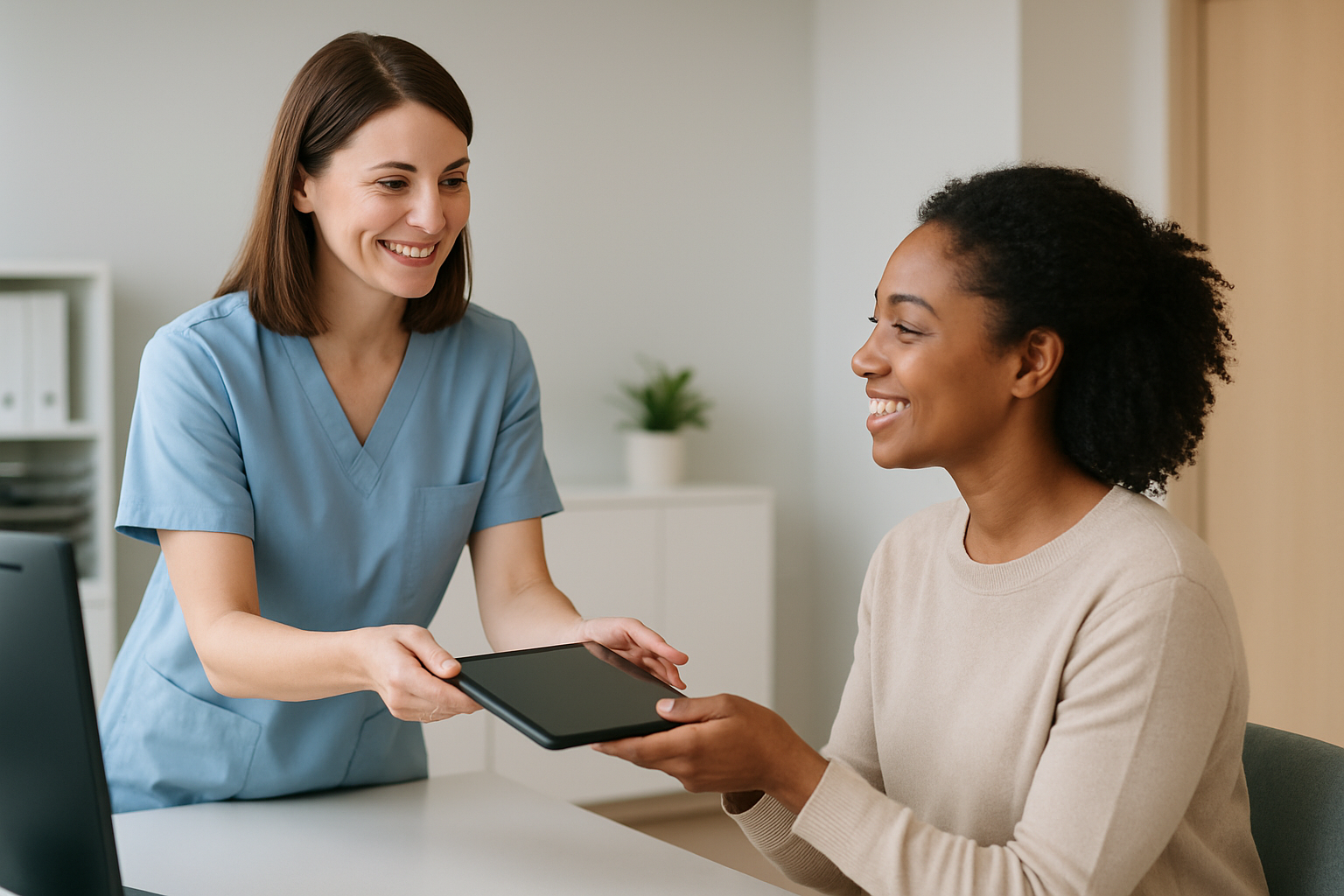 Recepcionista de clínica sorrindo ao entregar tablet com pesquisa de satisfação para paciente em ambiente moderno