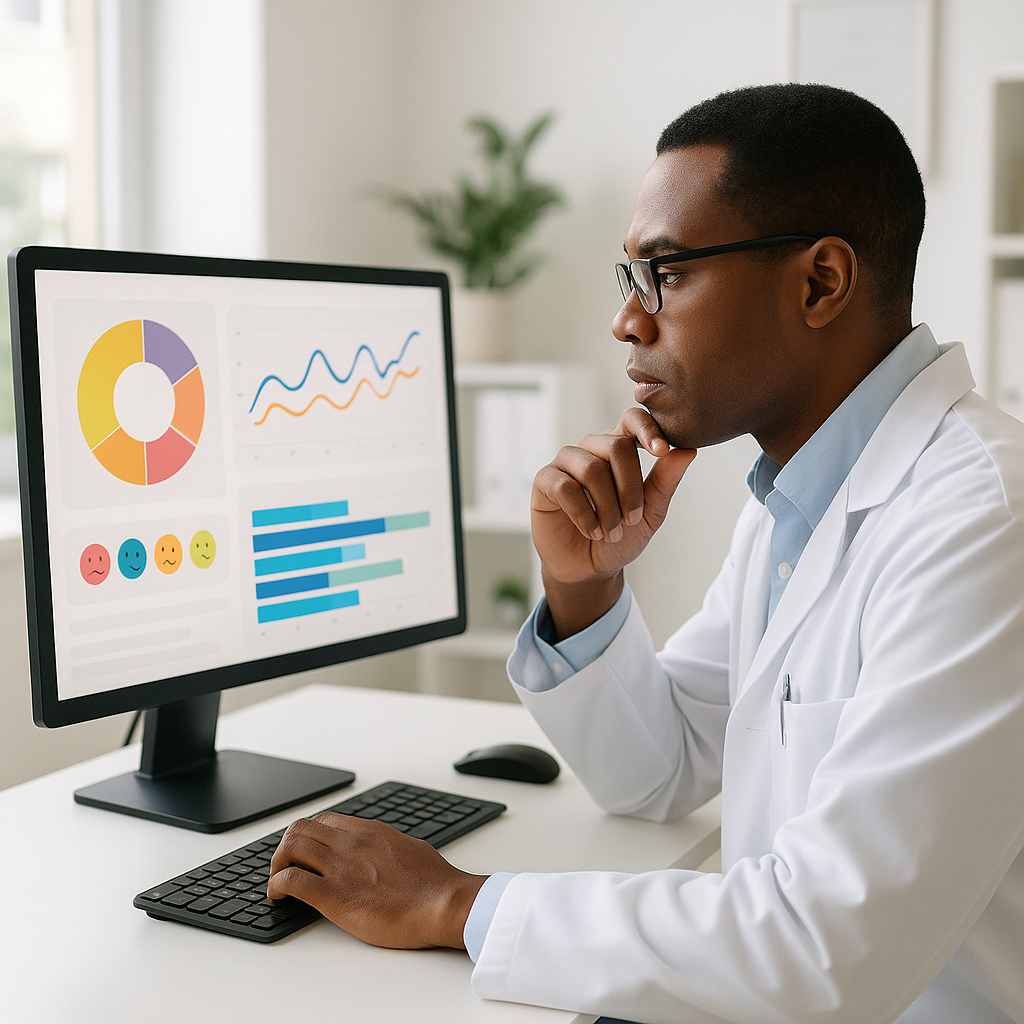 Profissional de saúde analisando resultados de NPS em gráfico de promotores e detratores em tela de computador