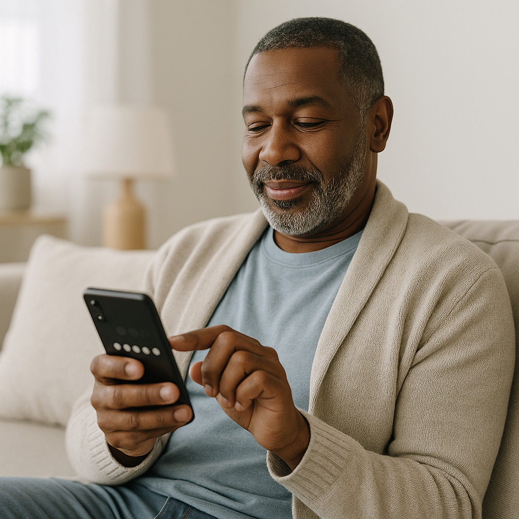 Paciente respondendo pesquisa de satisfação por celular com escala de notas em aplicativo de mensagem