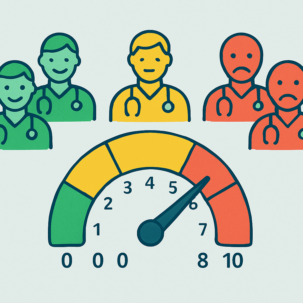 Ilustração explicando o Net Promoter Score com escala de 0 a 10 e as categorias promotores, neutros e detratores
