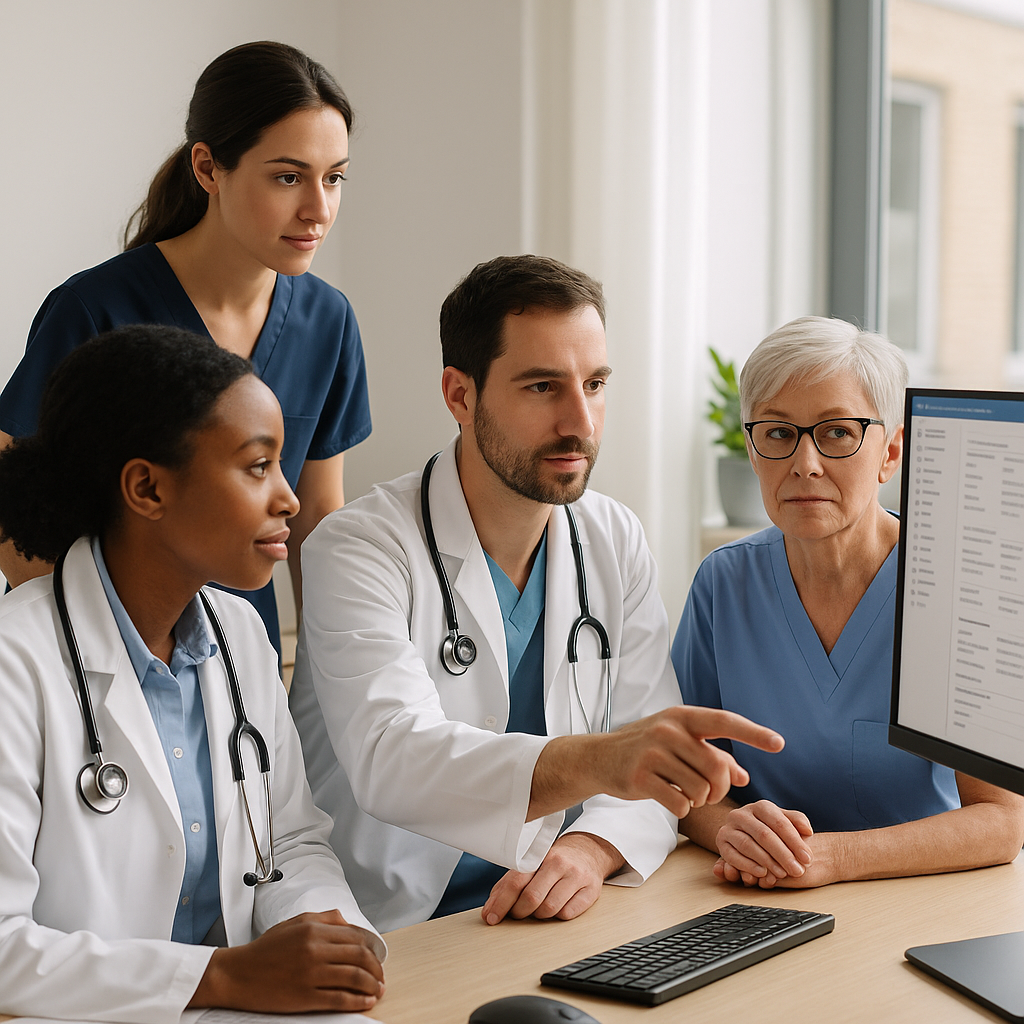 Equipe de clínica revisando o histórico de um paciente em prontuário eletrônico durante o atendimento