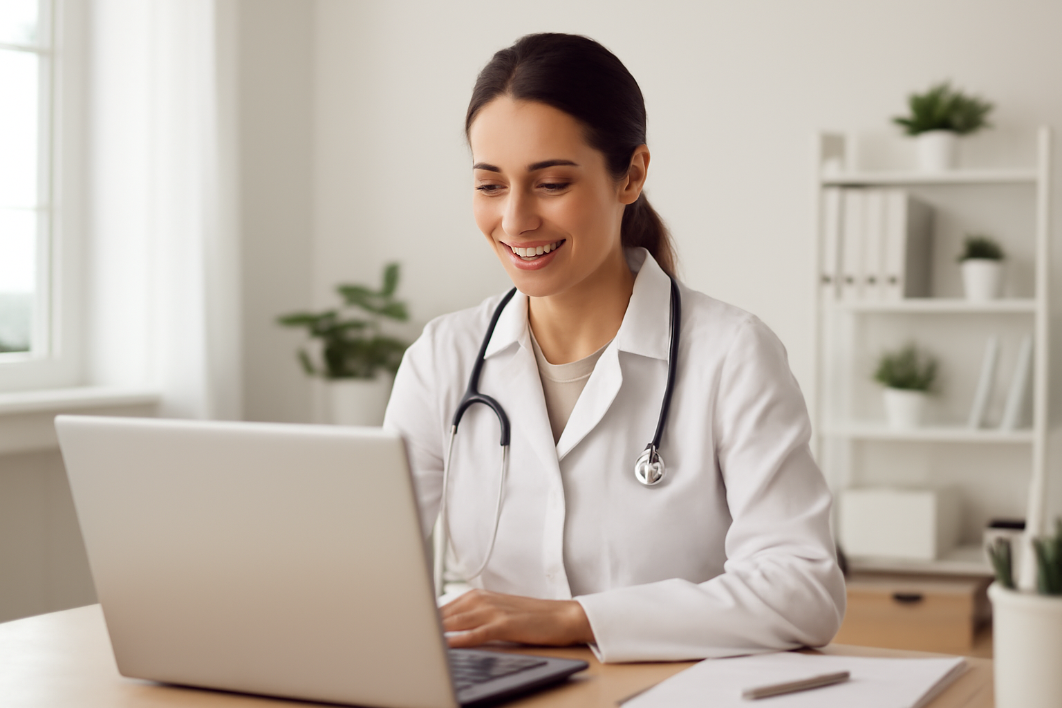 Médica em teleconsulta pelo computador em consultório moderno atendendo paciente a distância