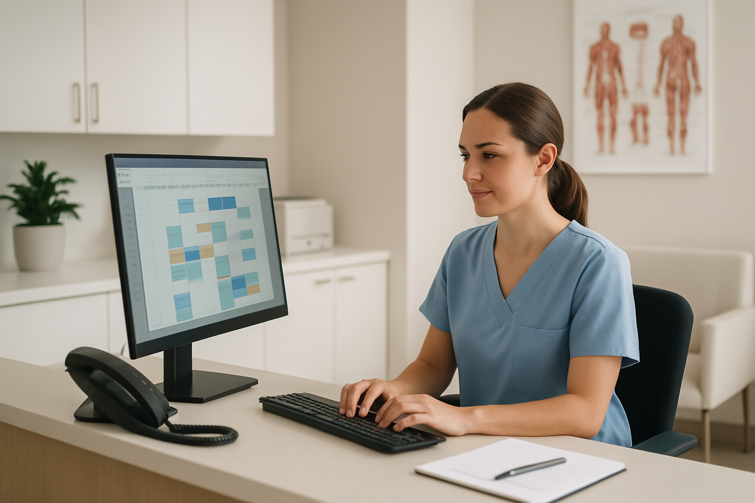 Recepcionista organizando agenda médica em computador na recepção de clínica
