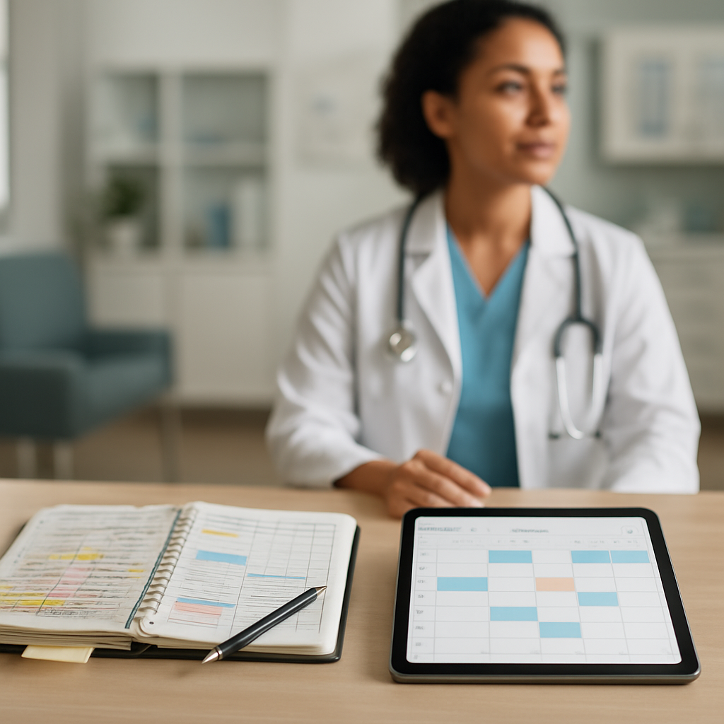 Comparação entre planilha impressa e software de agenda médica em tablet
