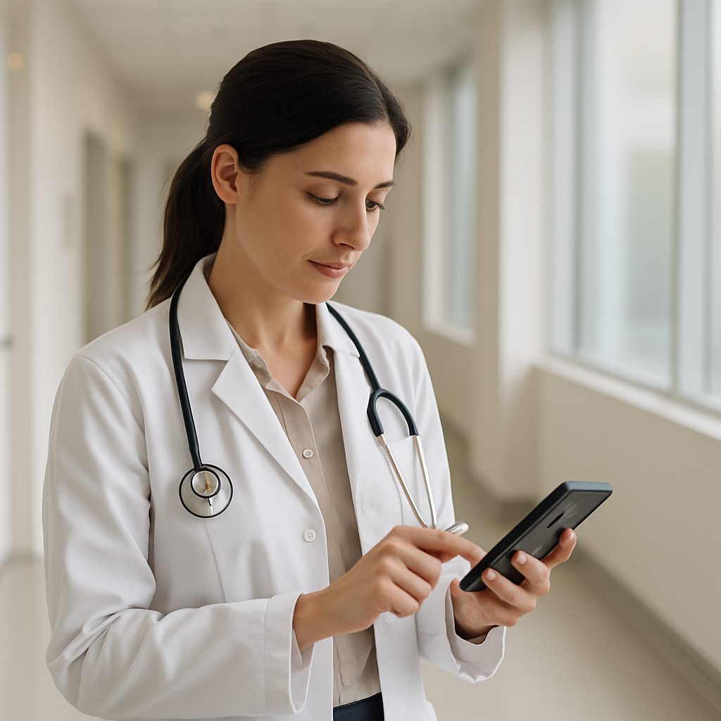 Médica consultando agenda de horários em aplicativo no celular entre atendimentos