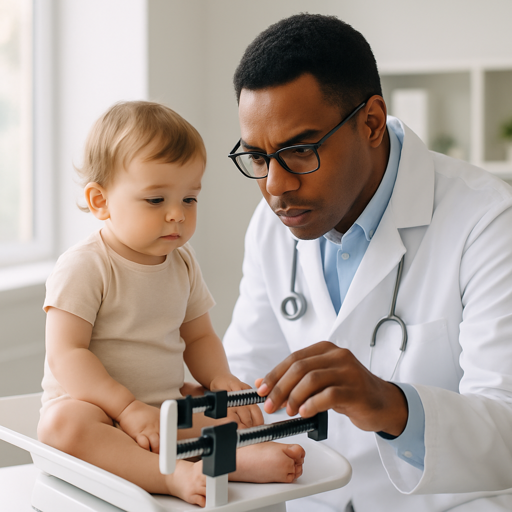 Pediatra calculando dose de medicamento por peso em consulta com criança