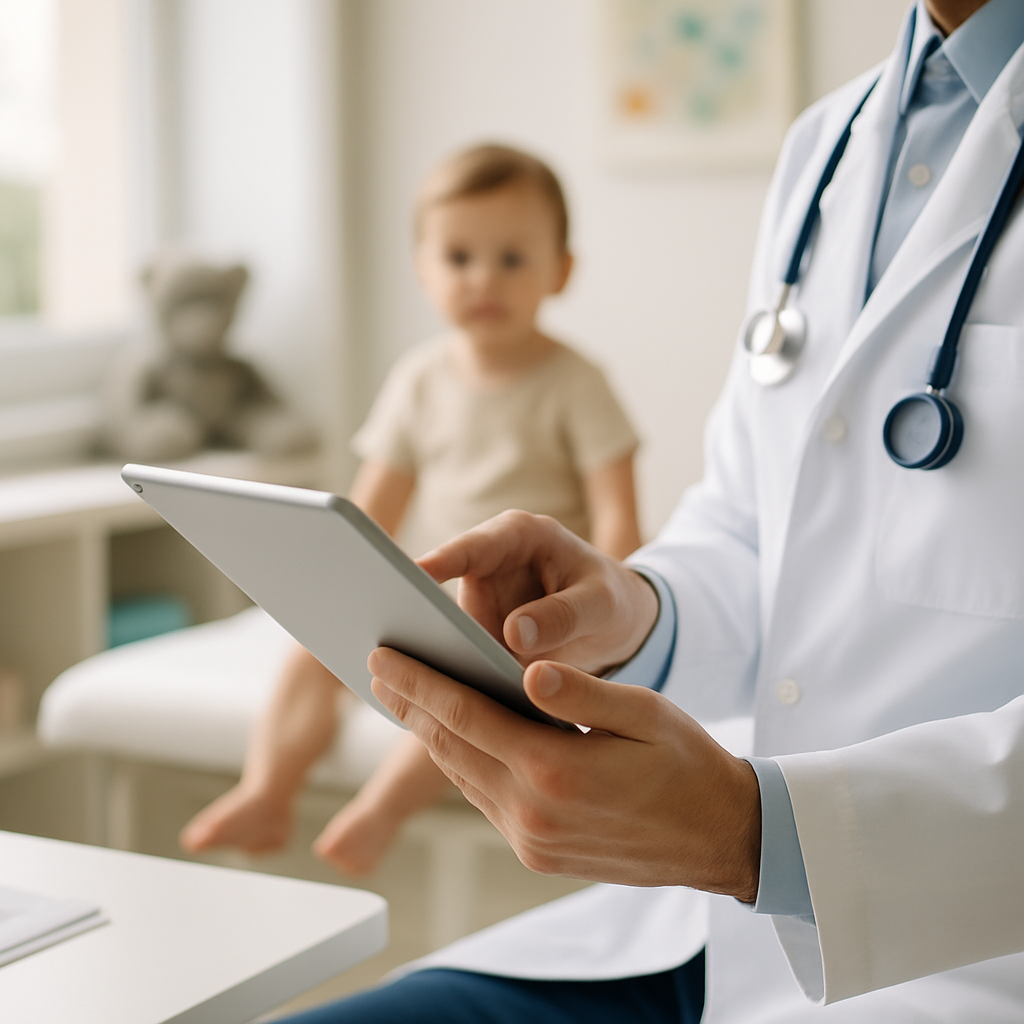 Tela de software médico exibindo receita digital pediátrica com dose em mililitros