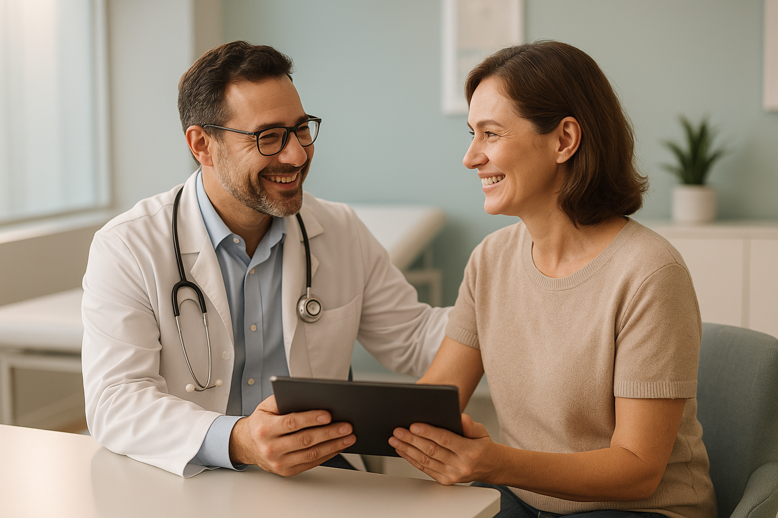 Médica acompanhando paciente em consulta de retorno em clínica moderna