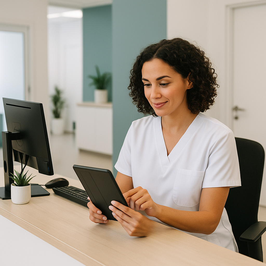 Recepcionista usando software de gestão para agendar retorno de paciente