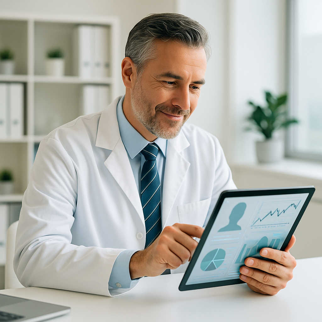 Dashboard de software médico mostrando taxa de retorno e agenda de pacientes