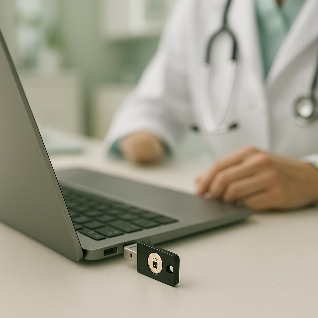 Token de certificado digital ICP-Brasil conectado ao computador em consultório médico