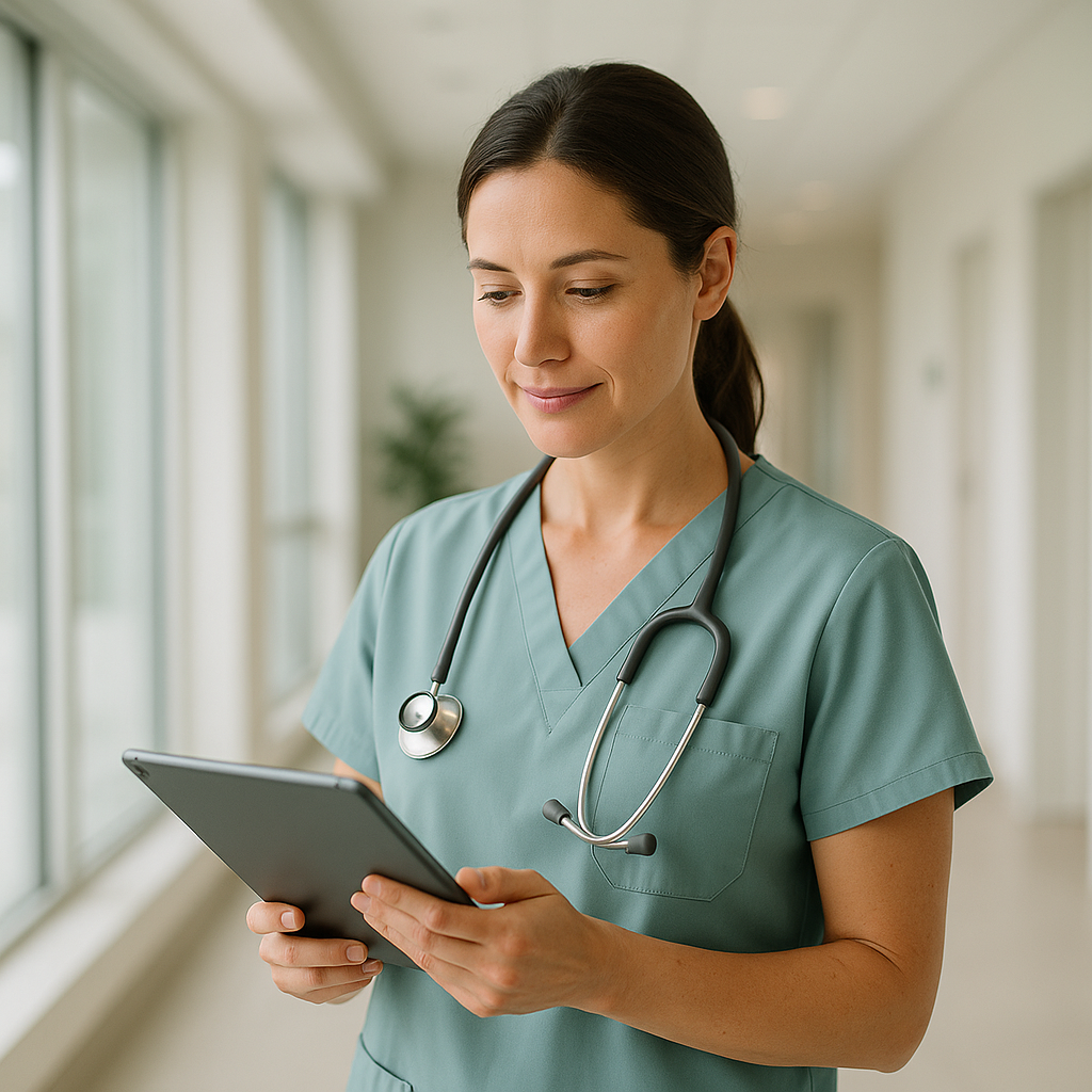 Profissional de saúde revisa prontuário digital seguro em tablet na clínica moderna