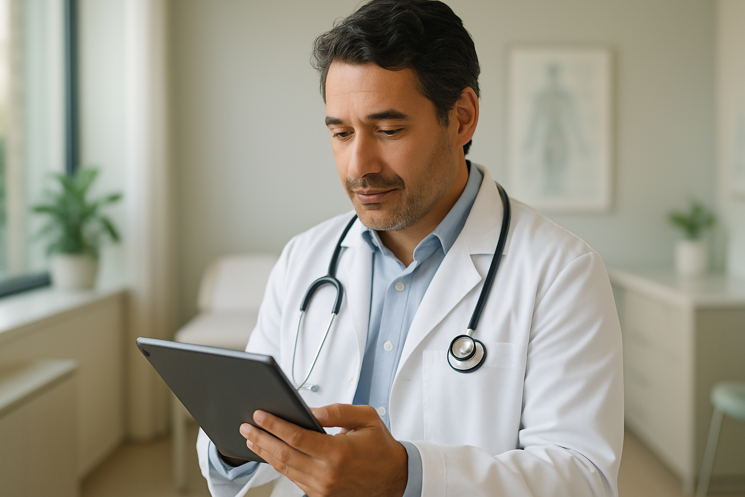 Médica revisando prontuário eletrônico em tablet em consultório claro e organizado