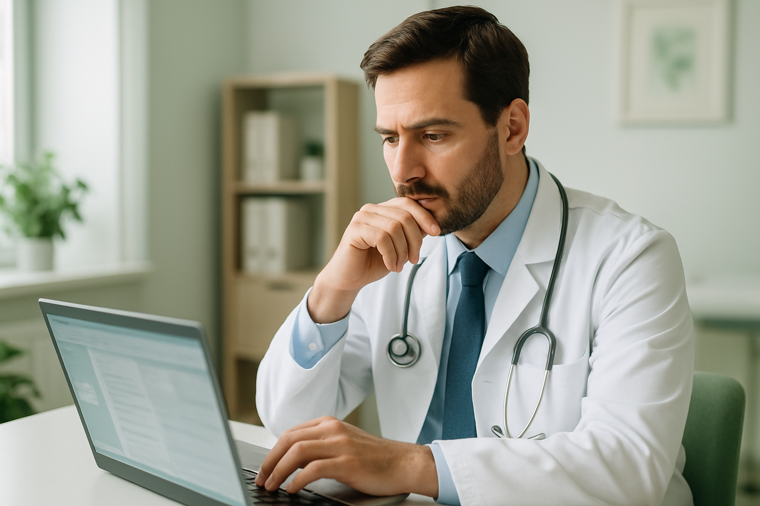 Médica avaliando prontuário eletrônico gratuito em notebook em consultório iluminado