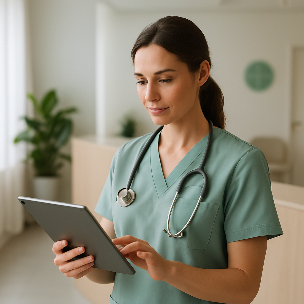 Profissional de saúde revisando dados de gestão da clínica em tela de tablet