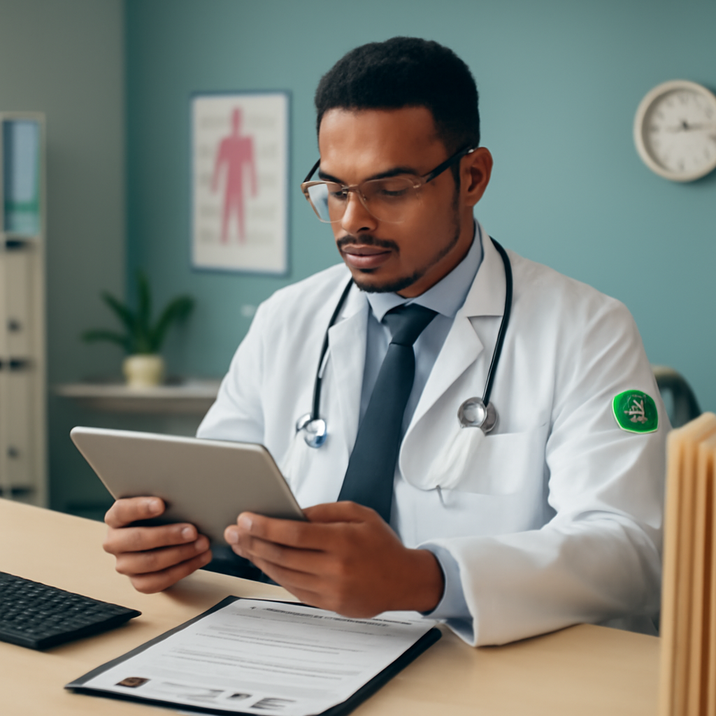 Médico comparando prontuário eletrônico em tablet com pasta de prontuários em papel sobre mesa de consultório