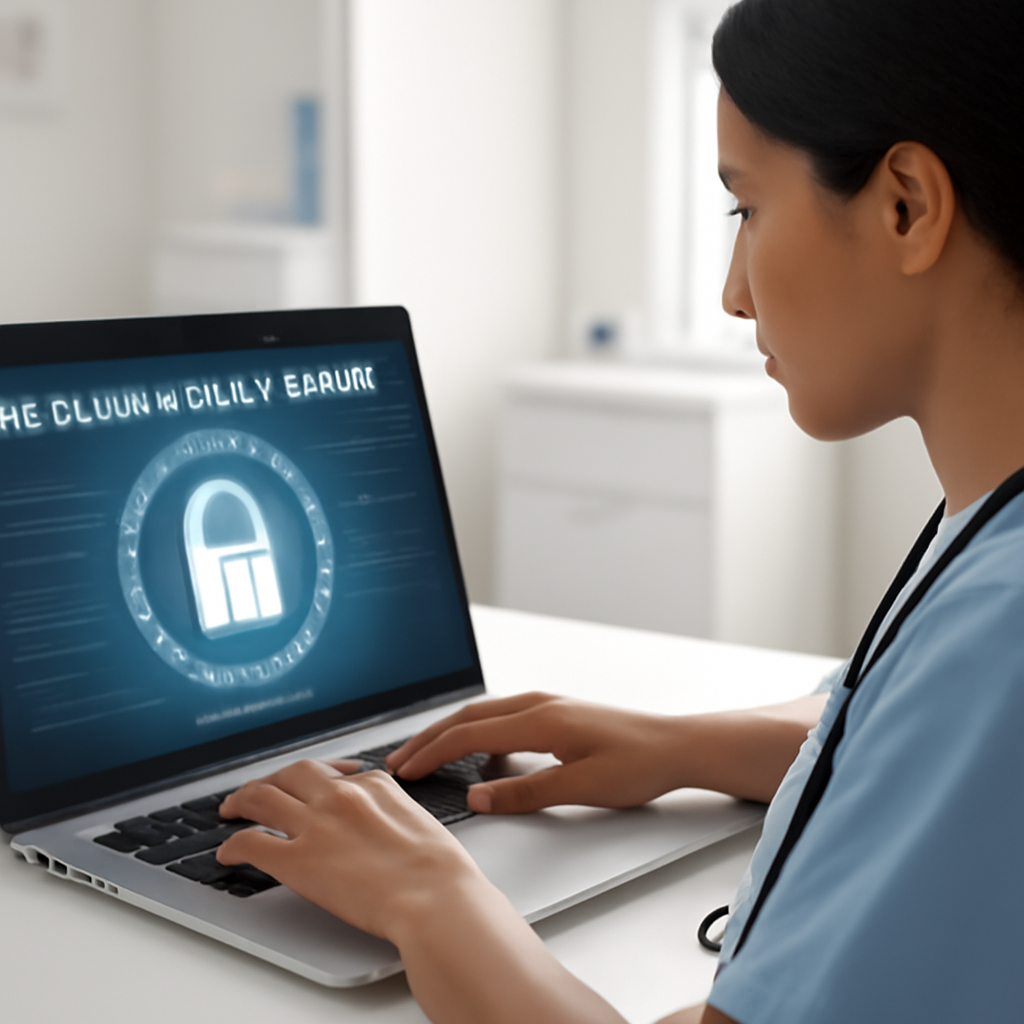 Profissional de saúde digitando dados de paciente em sistema eletrônico seguro com ícone de cadeado de proteção de dados