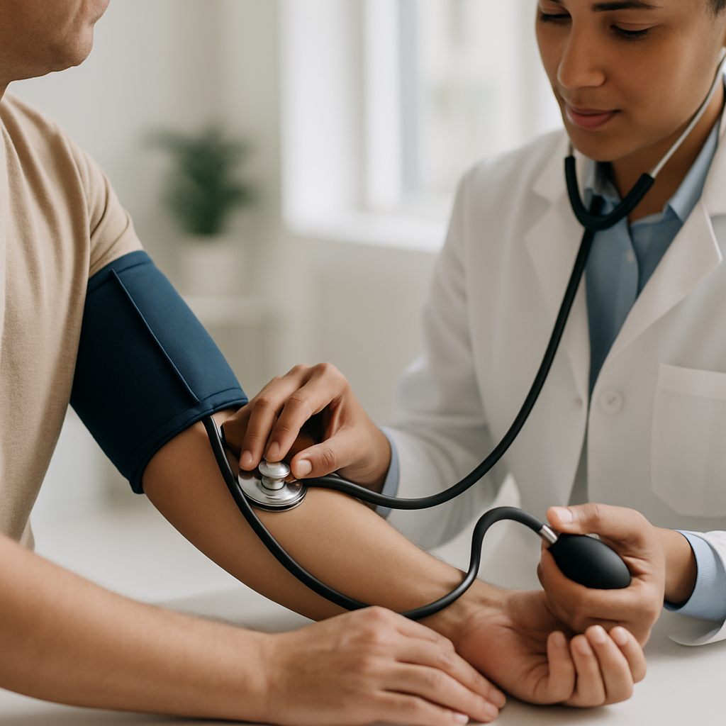 Detalhe de aferição de sinais vitais e exame físico durante consulta clínica