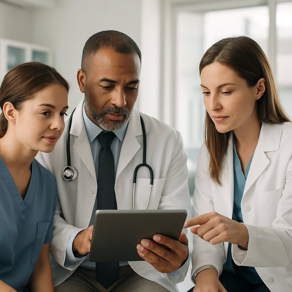 Profissionais de diferentes especialidades consultando o mesmo prontuário digital