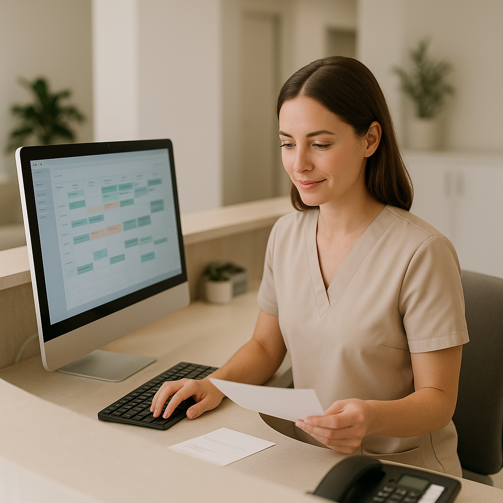 Recepcionista de clínica organizando agenda digital com confirmações automáticas de pacientes