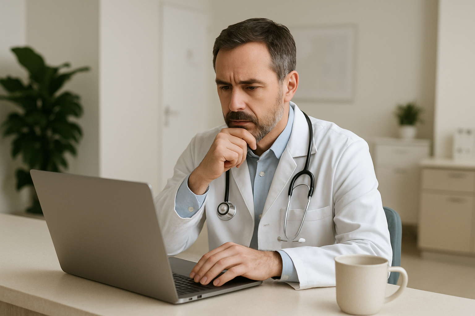 Profissional de saúde revisando planos de software médico em consultório