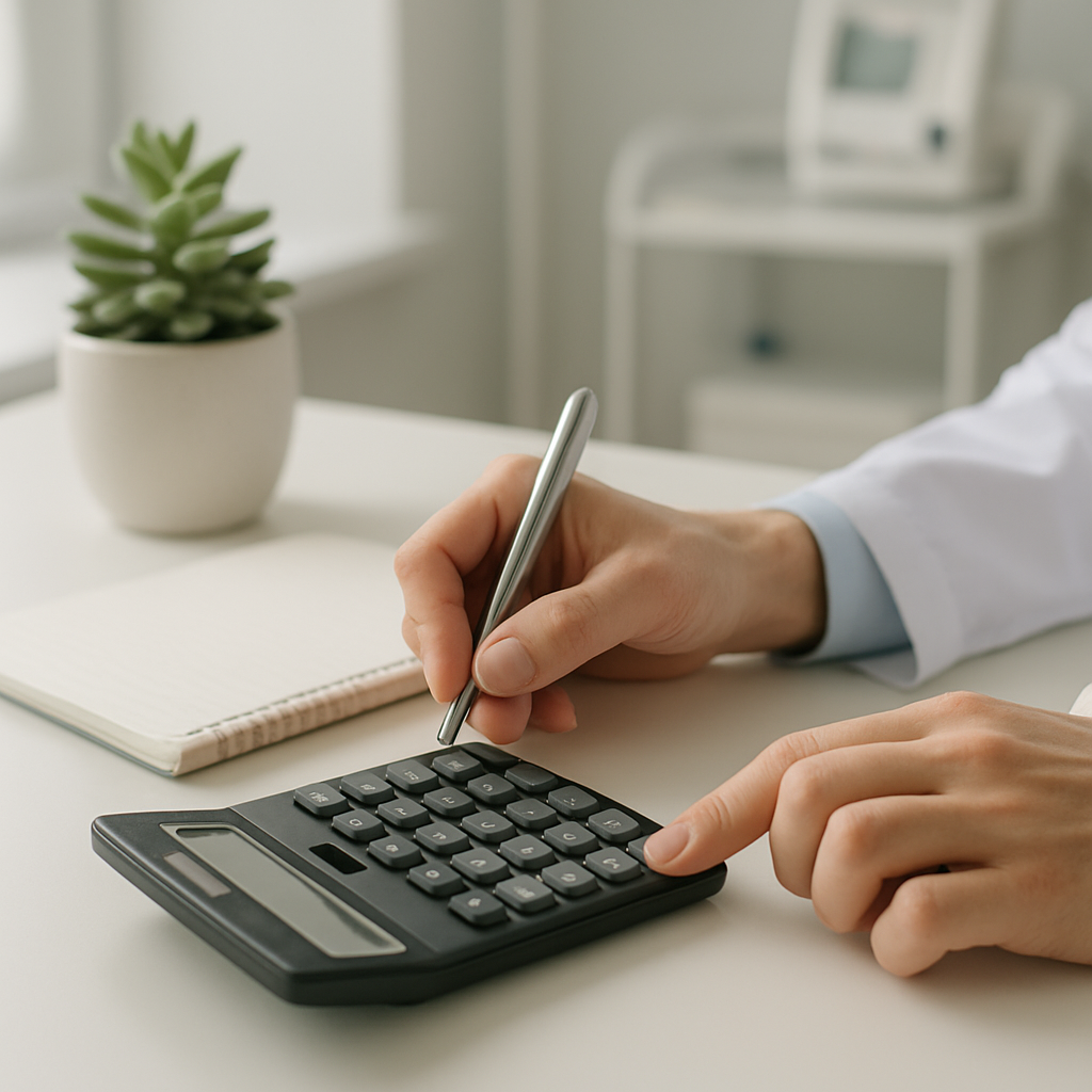 Calculadora e recibos representando o custo mensal de um software médico