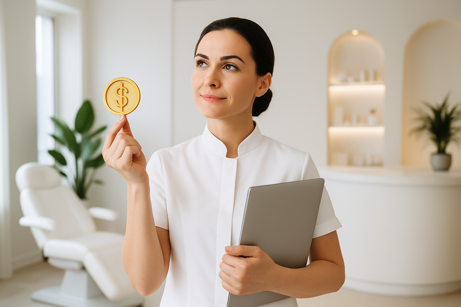 Profissional de estética analisando custos de software de gestão em clínica moderna e iluminada