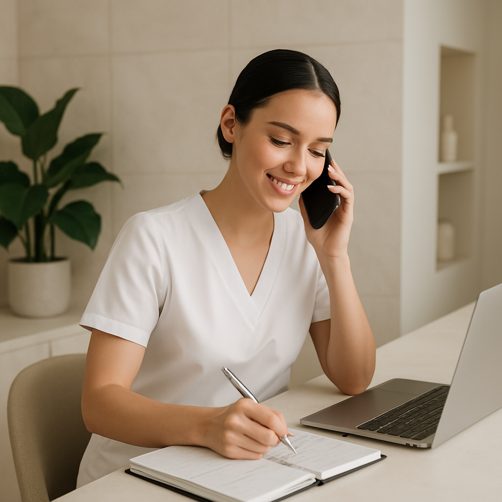Recepcionista de clínica de estética organizando agenda digital e confirmações de pacientes