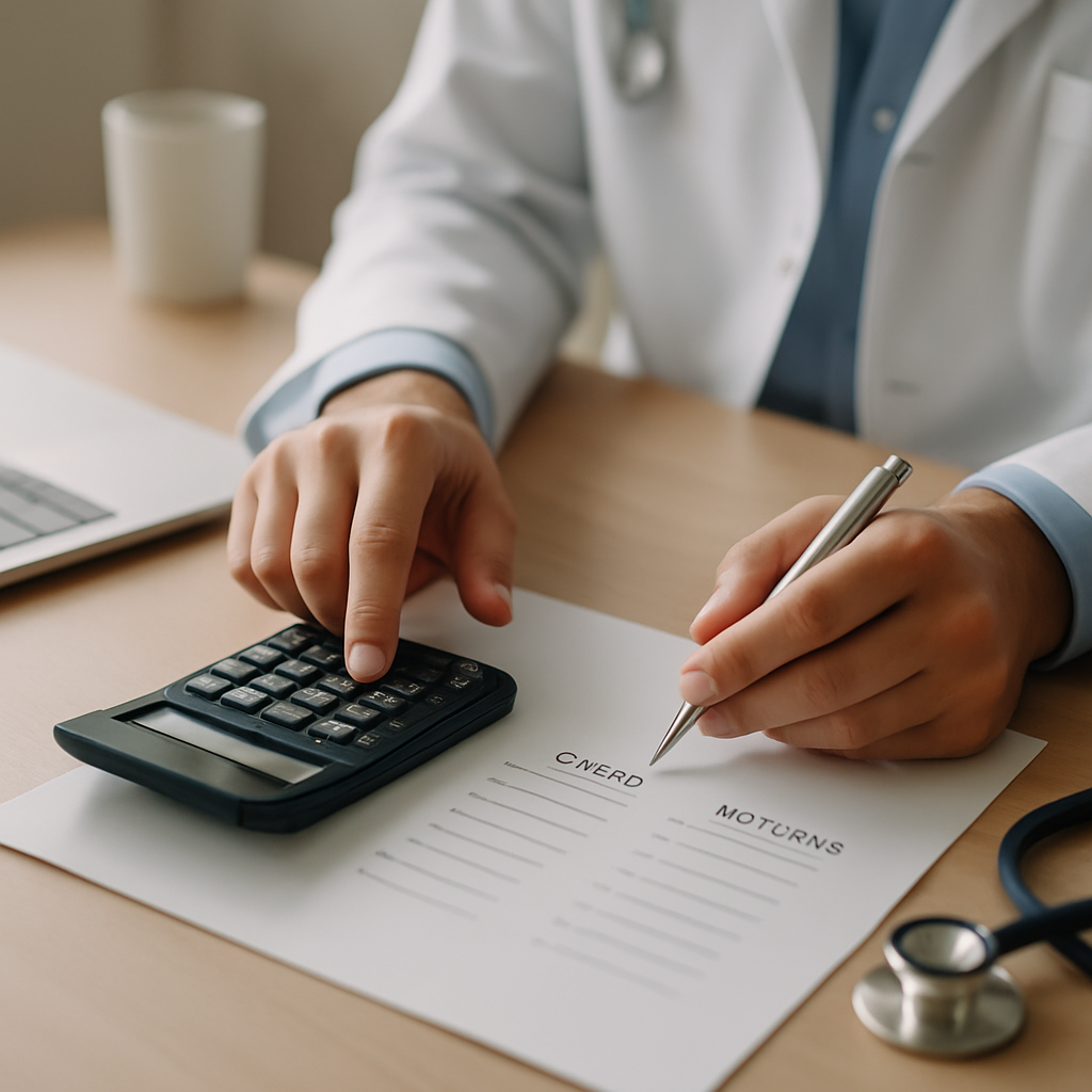 Mãos calculando retorno de investimento de software de gestão sobre mesa de clínica de estética