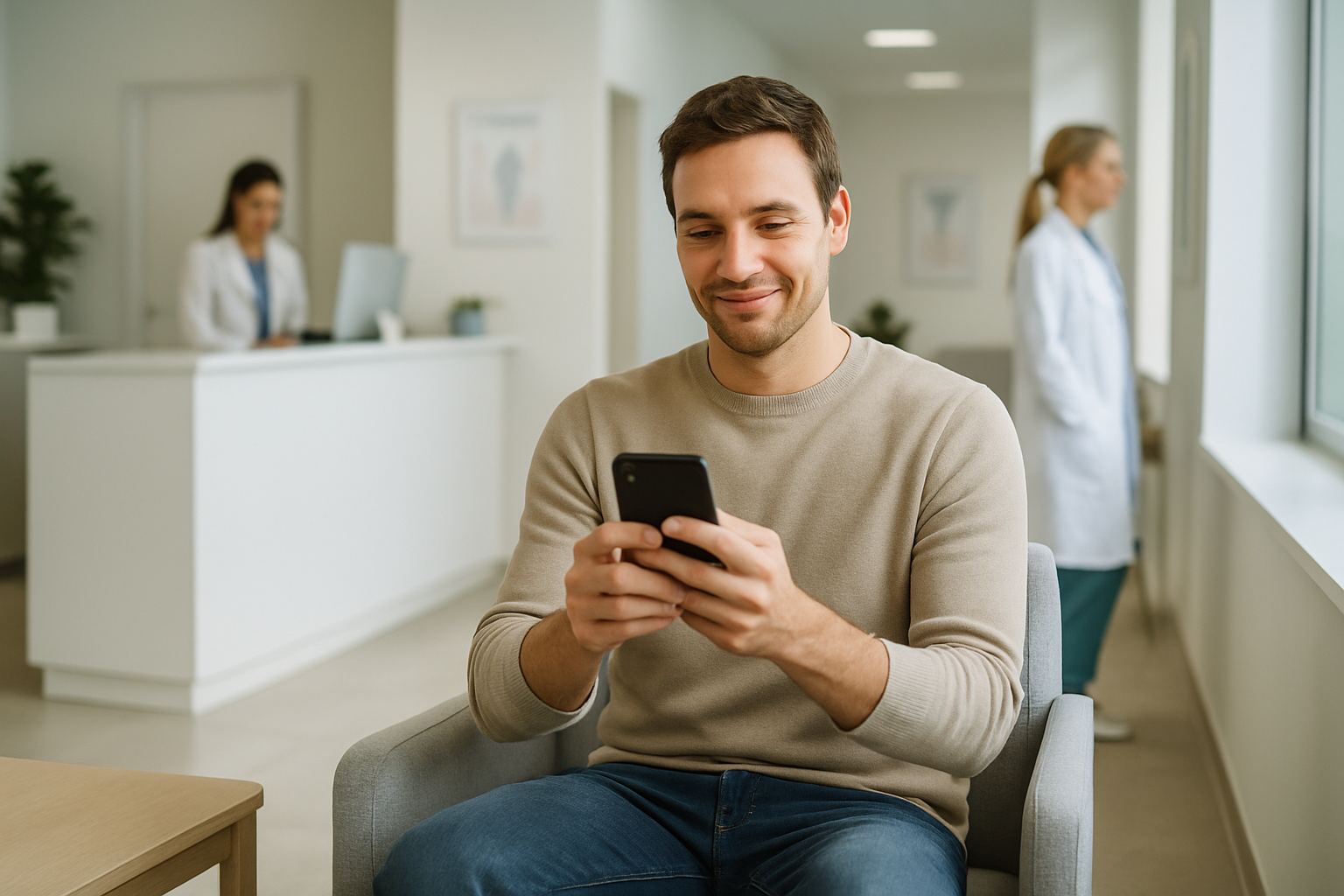 Paciente confirmando pré-pagamento de consulta pelo celular em clínica moderna