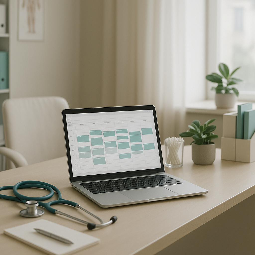 Mesa de trabalho de consultório com agenda digital aberta em notebook