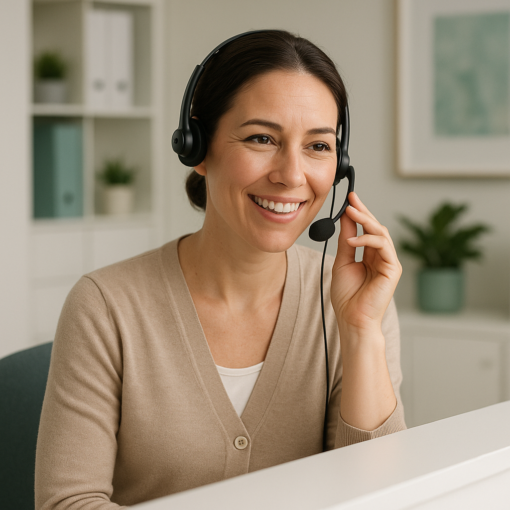 Atendente conversando ao telefone com expressão atenciosa em ambiente profissional